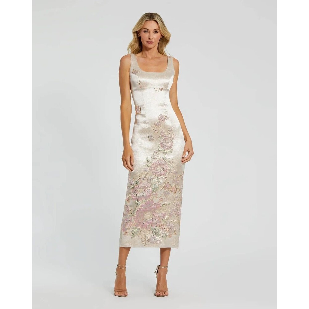 Mac Duggal Slim Strap Scoop Neck Bustier Brocade Midi Dress Sz 12 Roses Floral